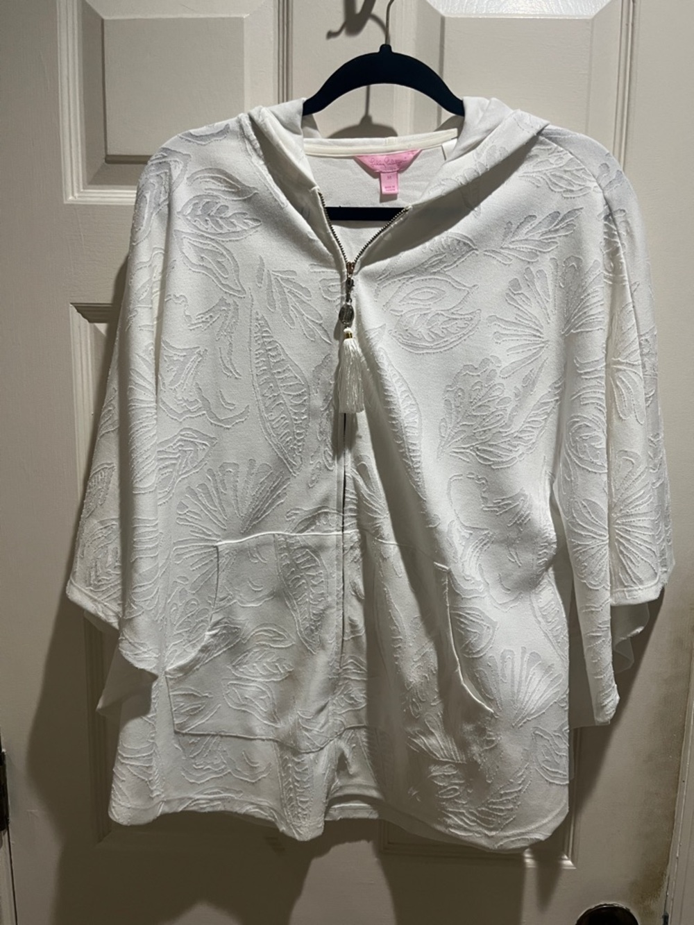Lilly Pulitzer White Textured Hooded Poncho with Tassel Zip